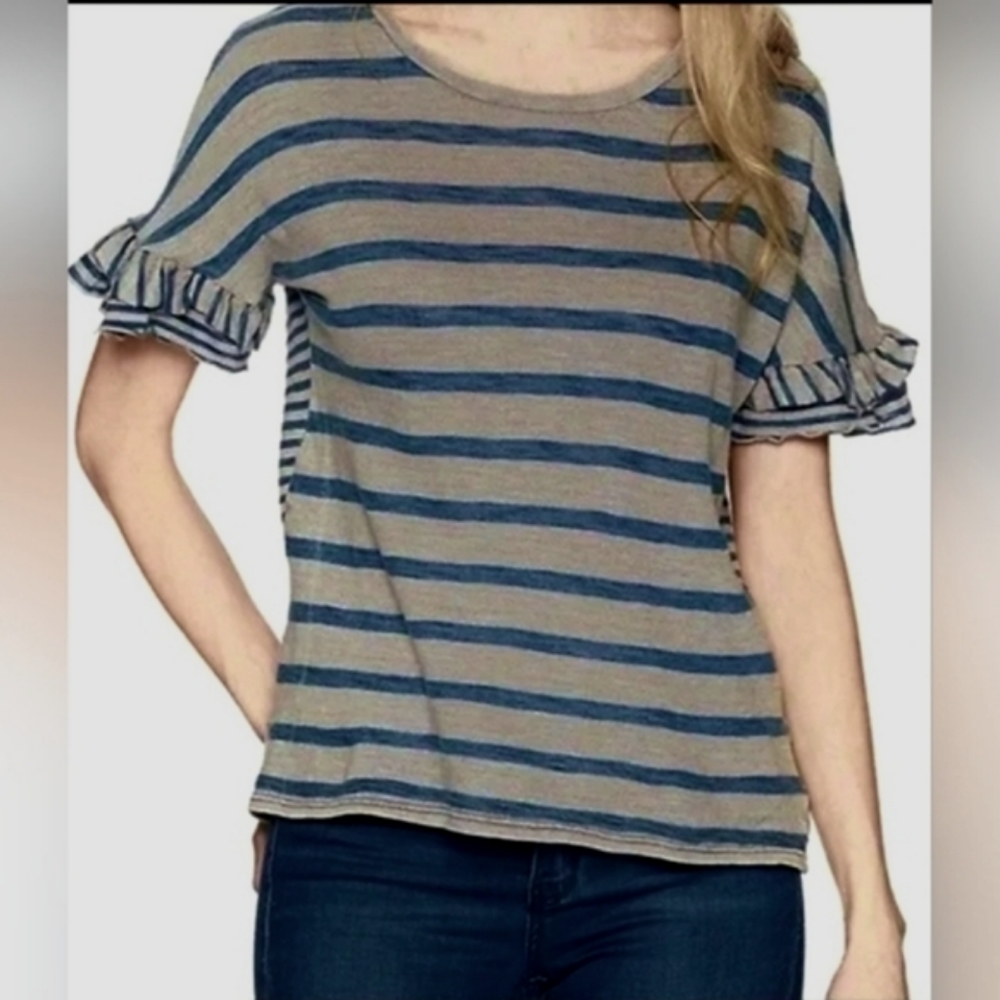 Lucky Brand Blue and Tan Striped Ruffle Sleeve Tee
